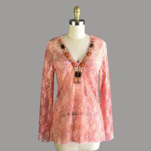 DAVID CLINE FLORAL LACE BEADED PINK V-NECK TOP